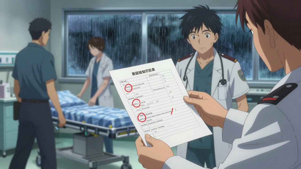 Paramedic handing a medication list to a doctor in a hospital emergency room.