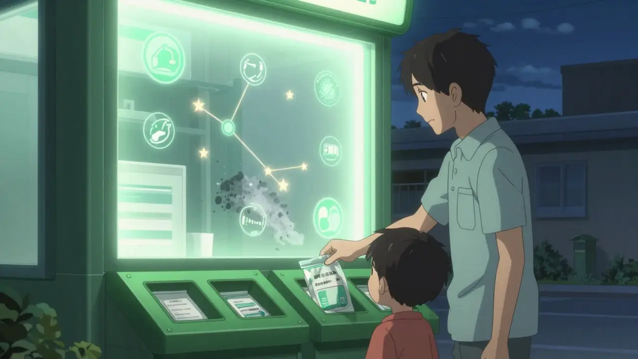 Parent disposing of expired meds at pharmacy drop-off kiosk, stars forming safety symbols above.