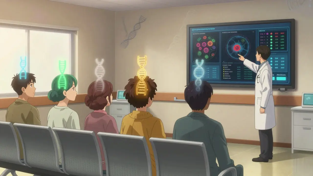 Patients in a hospital with floating genomic profiles above them, a doctor pointing to a screen showing tumor matches.