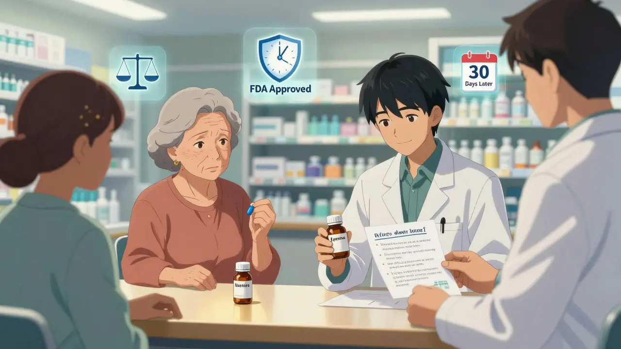 Patients in a pharmacy receive generic medications while reading a hand-drawn infographic about drug safety.