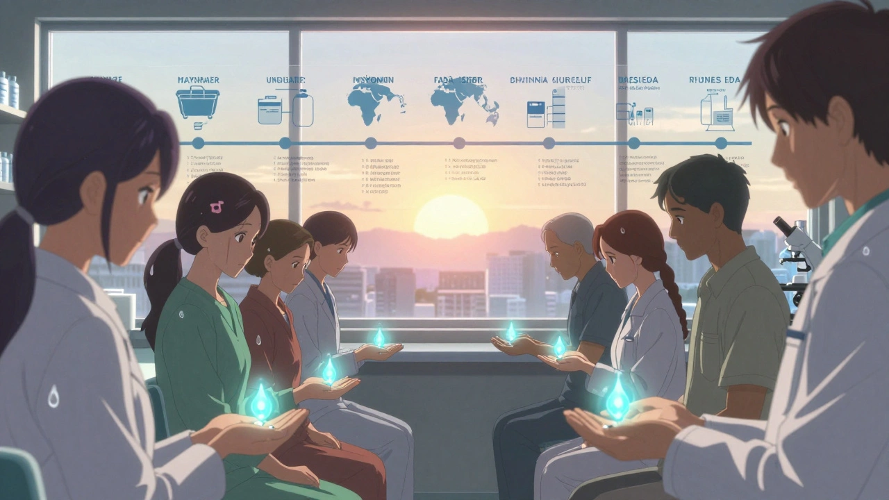 Patients receiving generic pills with glowing energy signatures under a timeline of FDA inspections.