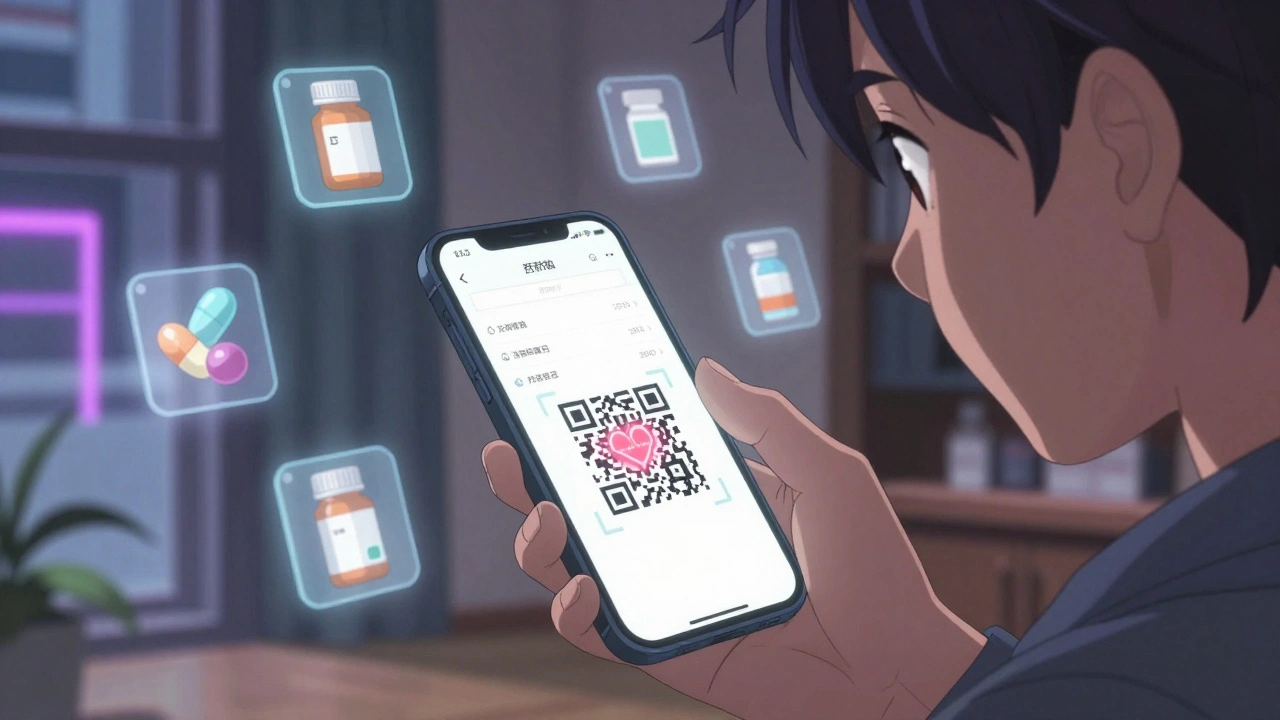 Person scanning a QR code on a smartphone displaying a digital medication list.