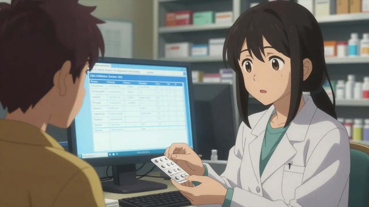 Pharmacist handing a plain-packaged pill to a patient, with a computer screen showing FDA database in the background.