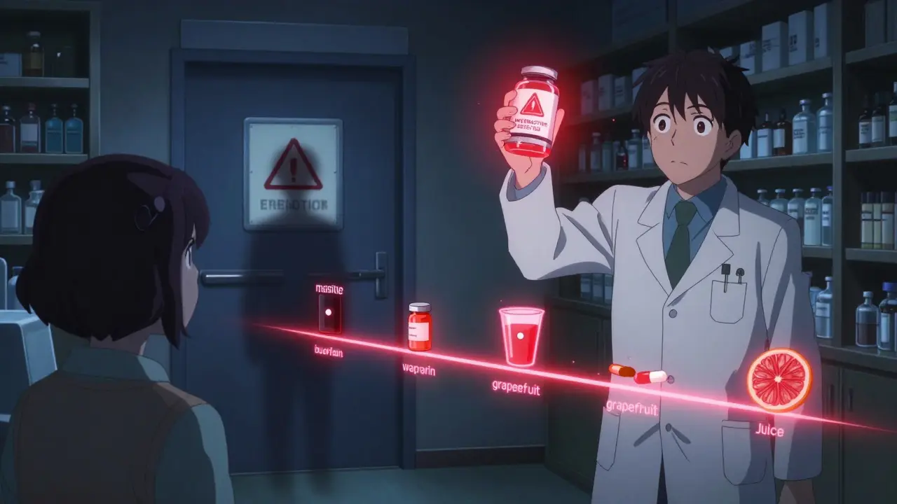 Pharmacist holding prescription with glowing warning symbols of dangerous drug interactions.