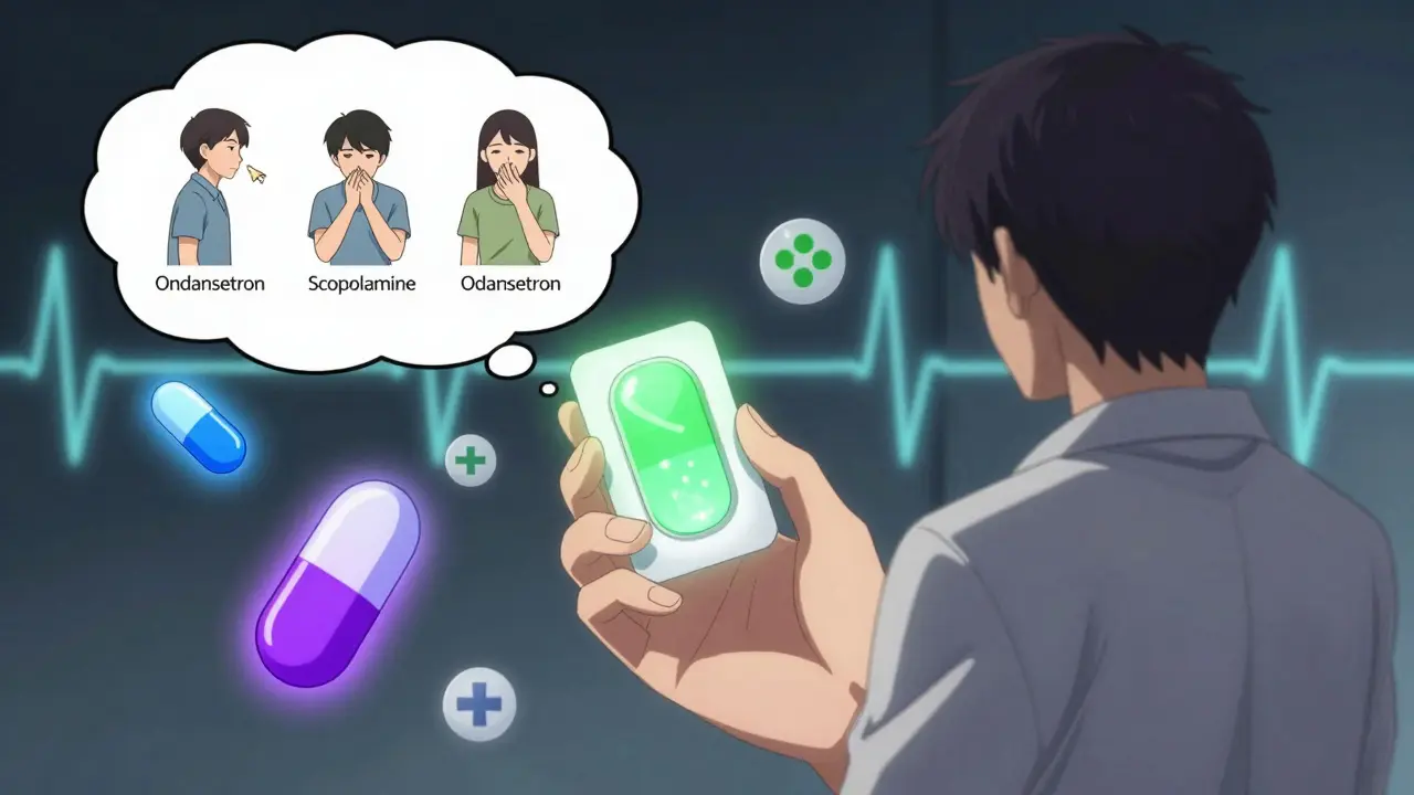 Pharmacist holding three antiemetic pills with visual scenarios of nausea types floating around.