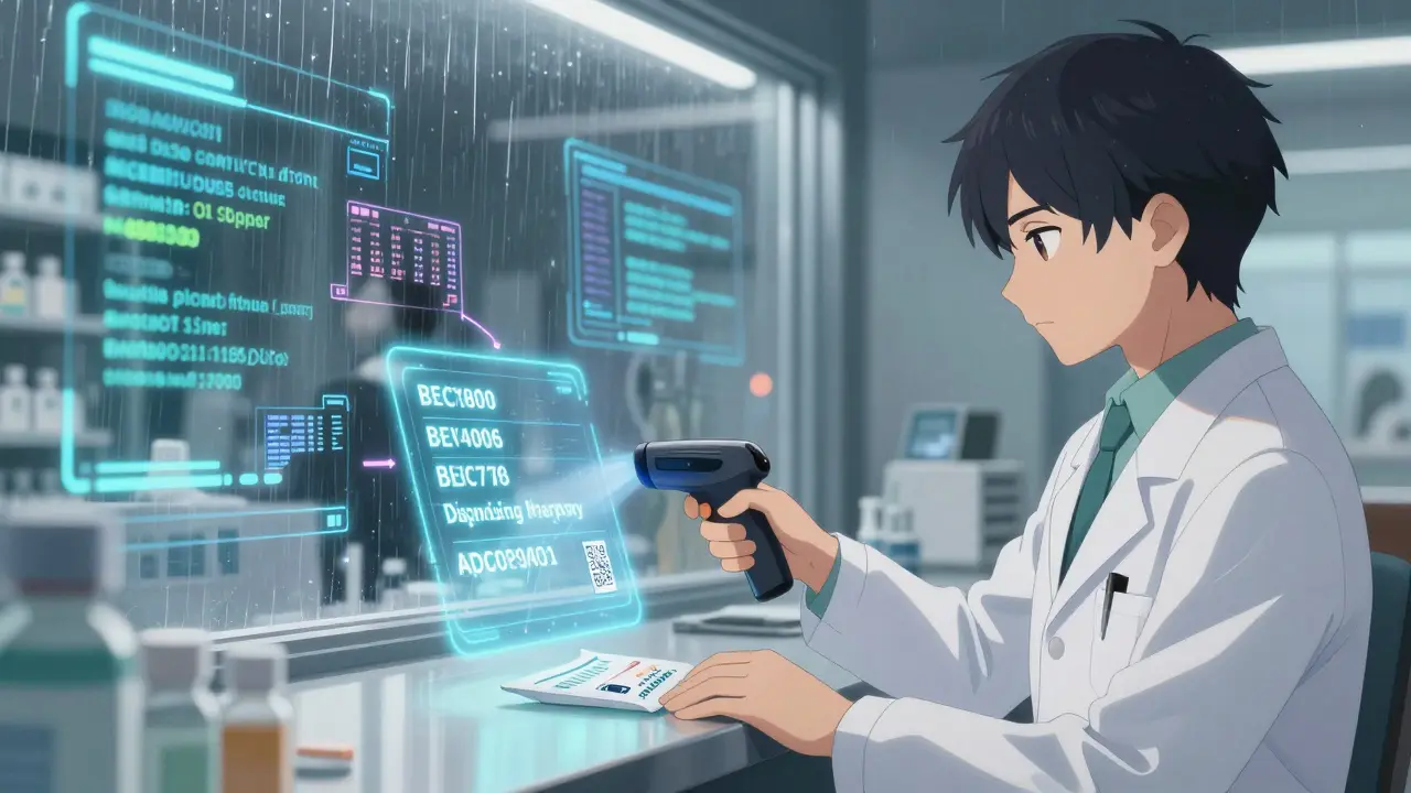 Pharmacist scanning a prescription with QR reader, holographic drug trail and AI alerts floating in the air.