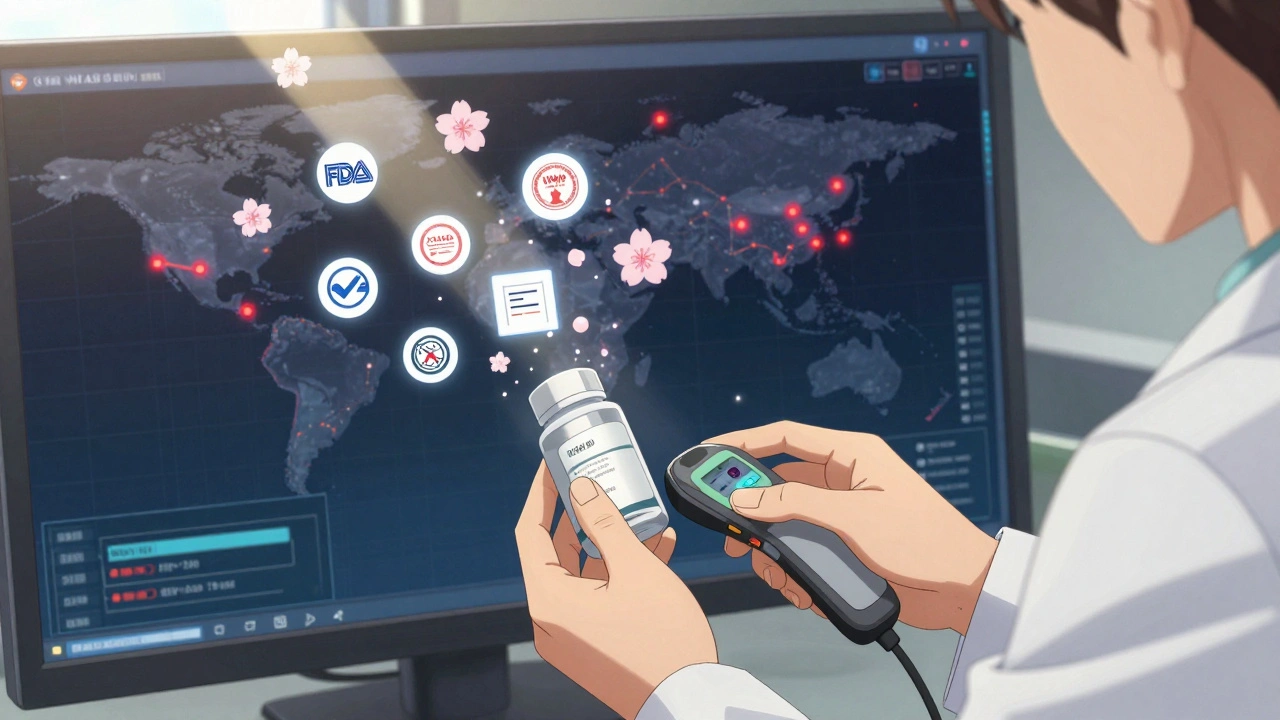 Pharmacist scanning pill bottles as digital verification icons bloom like flowers, with global supply chain alerts glowing on screens behind.