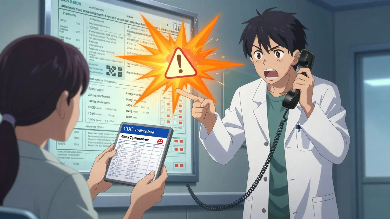 Pharmacist warning a patient about dangerous opioid dosage conversion using a digital calculator.