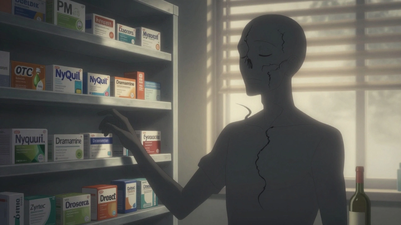 Pharmacy shelf with sleep and allergy meds casting shadow of a sleeping human silhouette.
