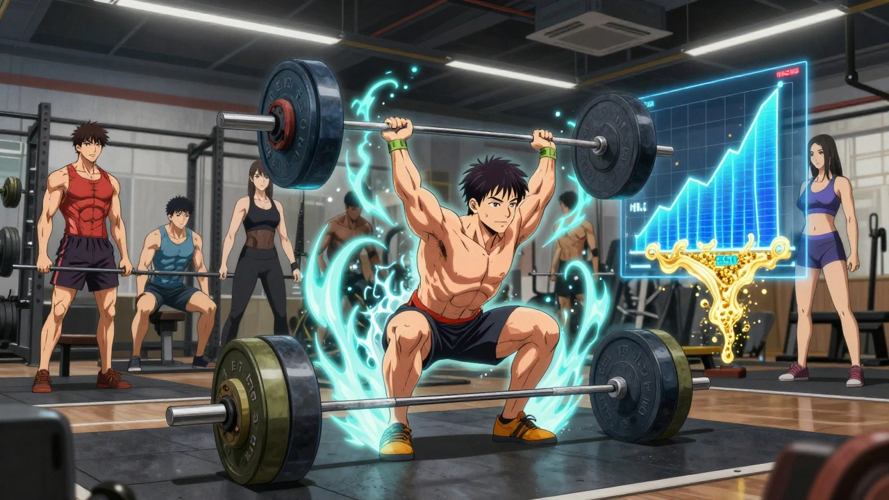 Someone lifting weights with glowing energy waves showing post-workout calorie burn.