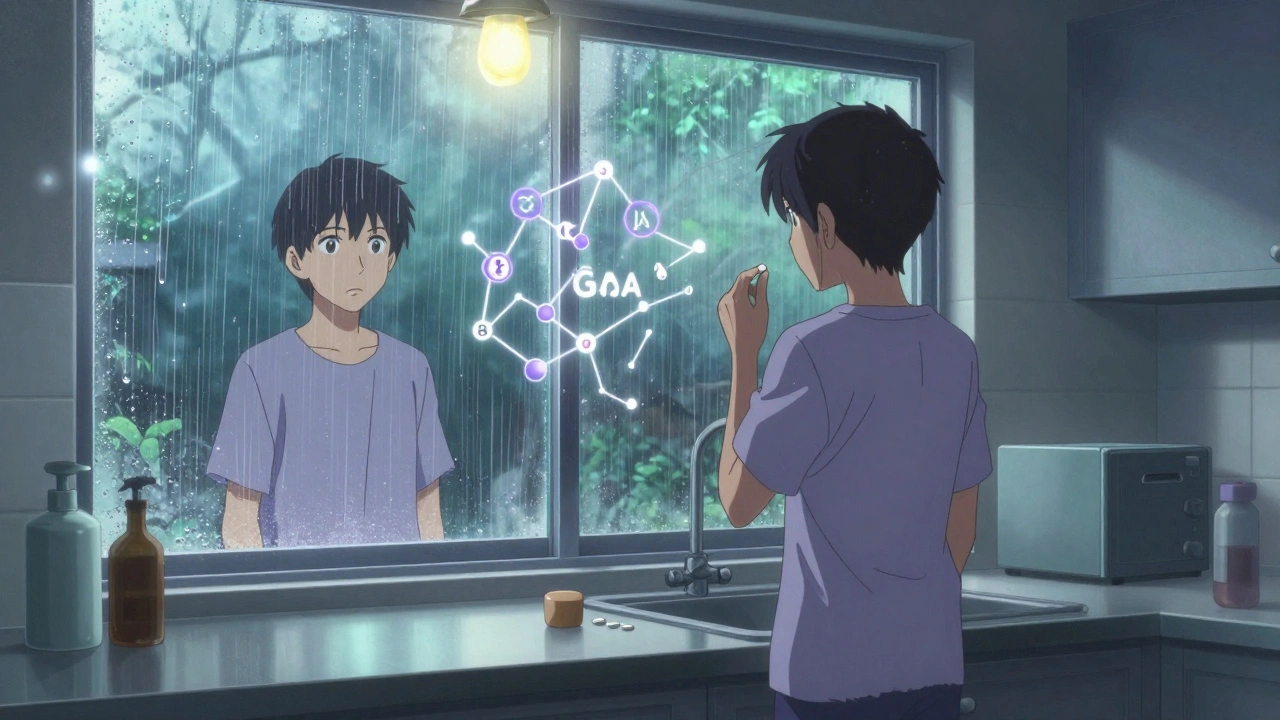 Someone taking acamprosate while brain chemicals swirl around them in calm, rainy light.