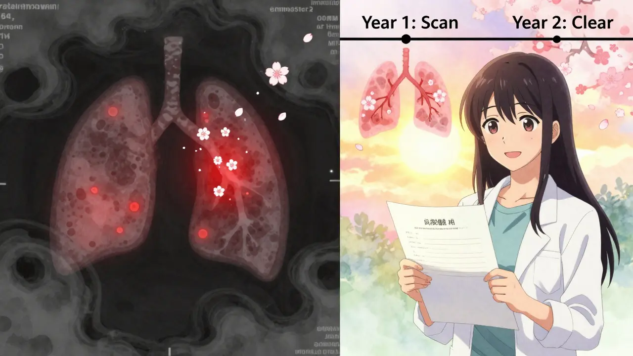 Split image: glowing lung nodule transforming into healthy tissue with cherry blossoms falling.