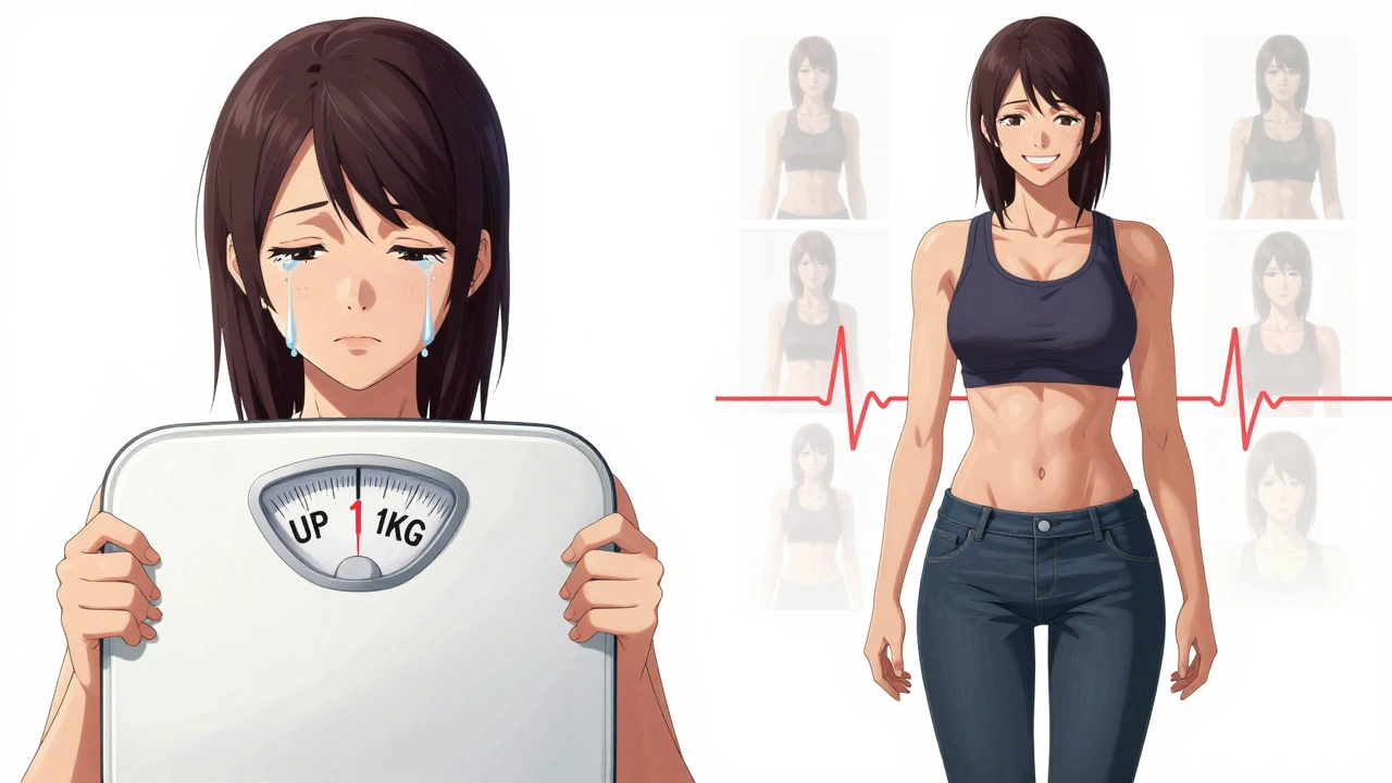 Split image of scale disappointment vs. confident body transformation in jeans.