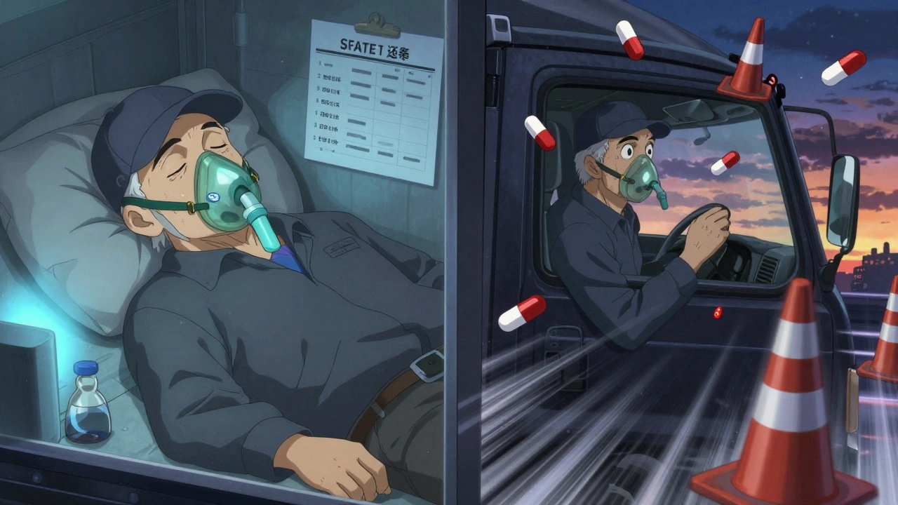 Split scene: aging trucker sleeping peacefully with CPAP vs. same man hallucinating banned pills in cab.
