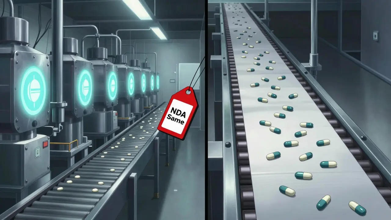 Split scene of a factory producing branded and plain-packaged pills on the same production line.