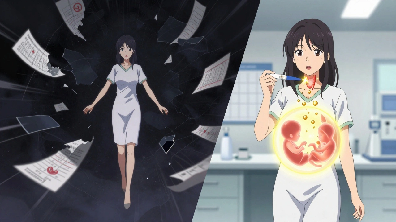 Split scene: woman in dark chaos vs. bright lab holding positive pregnancy test, thyroid and fetus glowing.