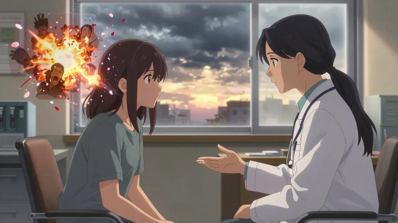 Therapist and patient in a sunlit room as past traumas dissolve into petals.