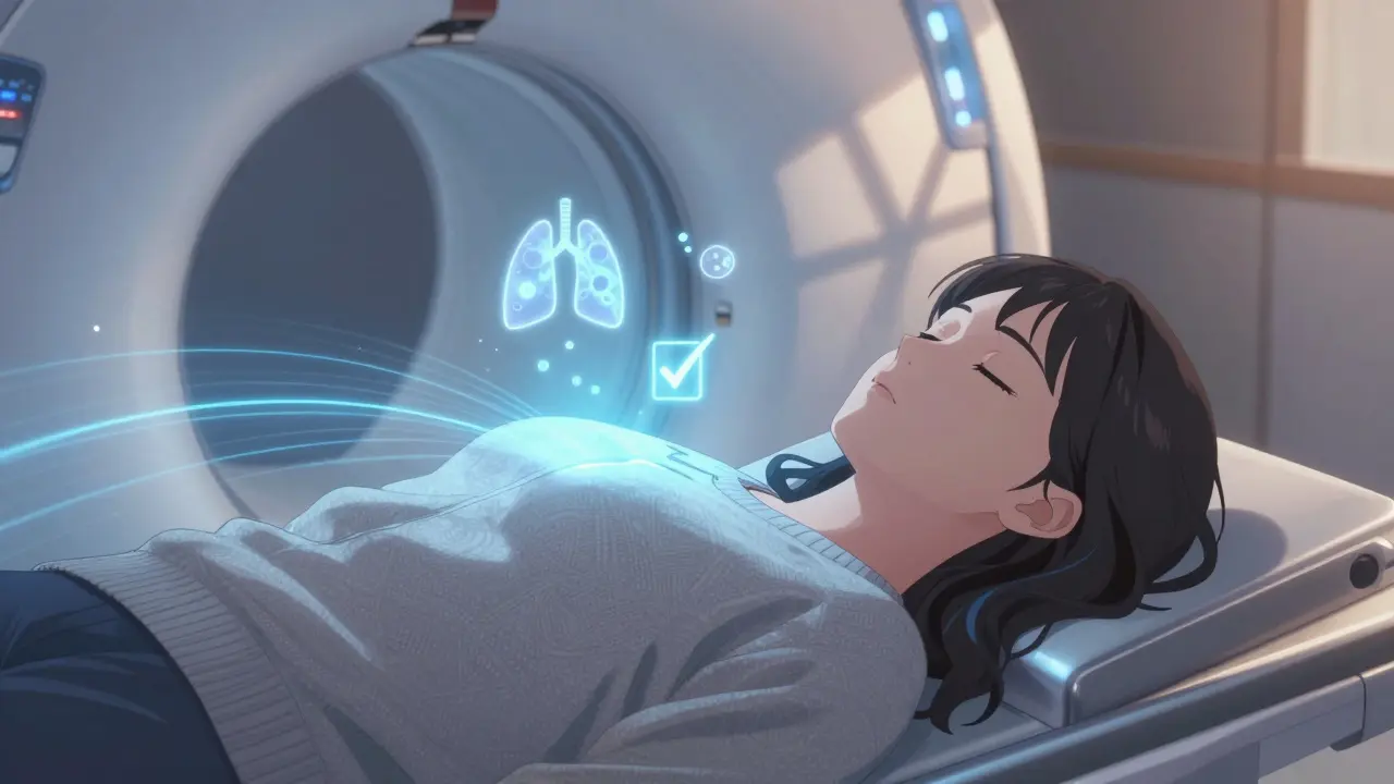 Woman in a CT scanner, soft blue glow, floating lung nodules and scan slices in anime style.