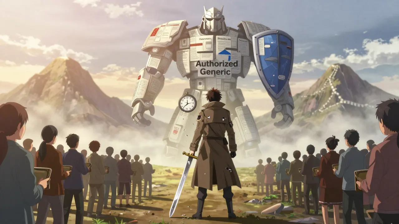 A defeated first generic warrior faces a massive armored figure made of brand logos and pharmacy networks.