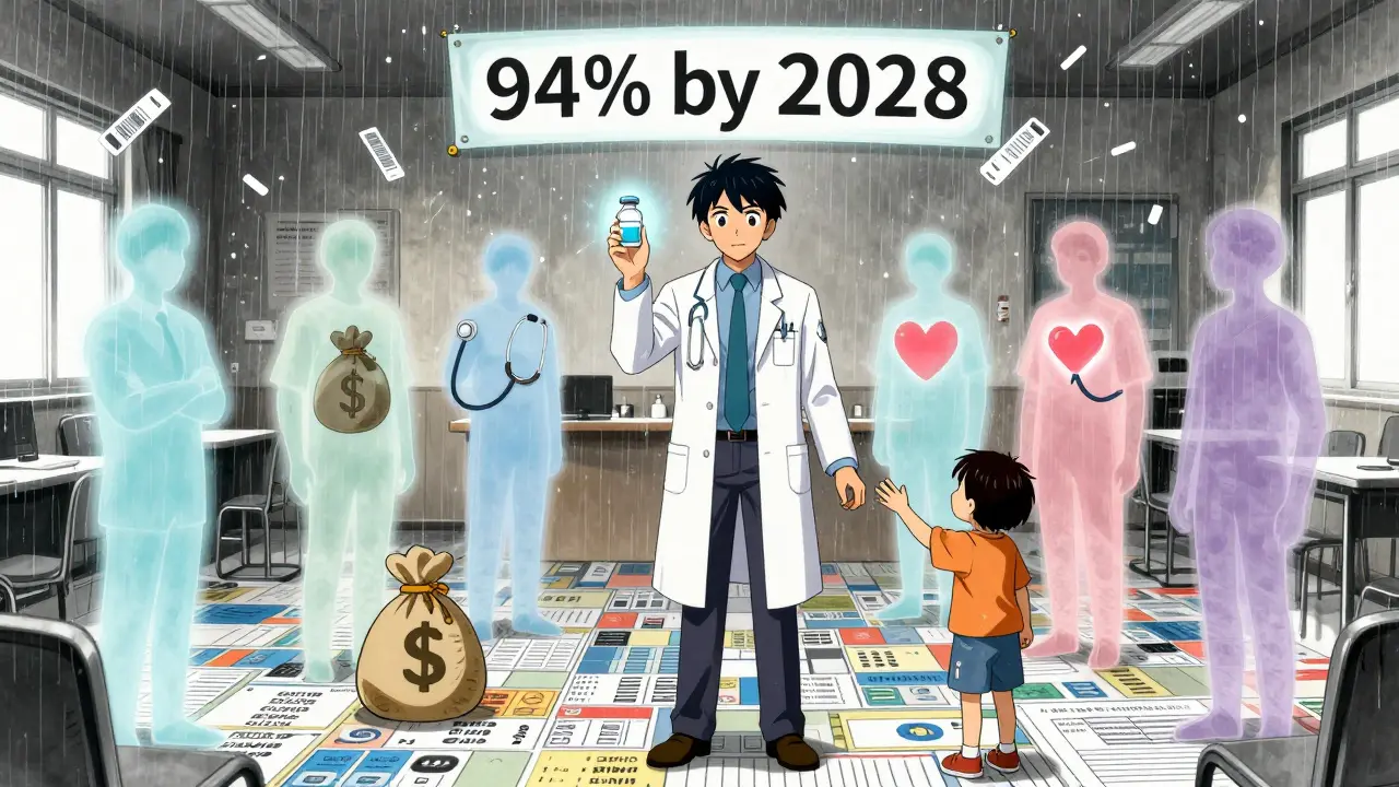A doctor stands between generic and brand-name drugs, surrounded by symbols of incentives, judgment, and patient trust in a symbolic exam room.
