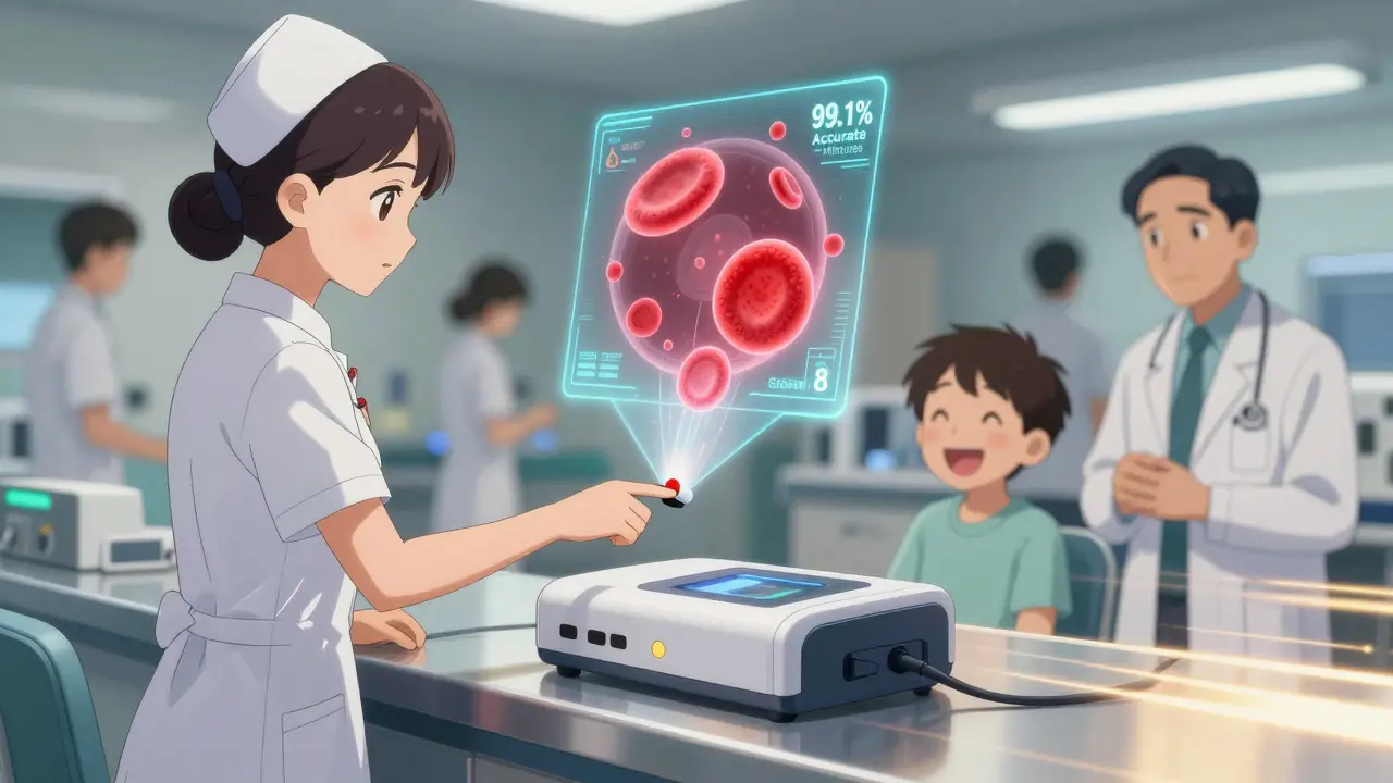 A nurse using a futuristic G6PD scanner that projects a 3D animation of healthy red blood cells stabilizing.