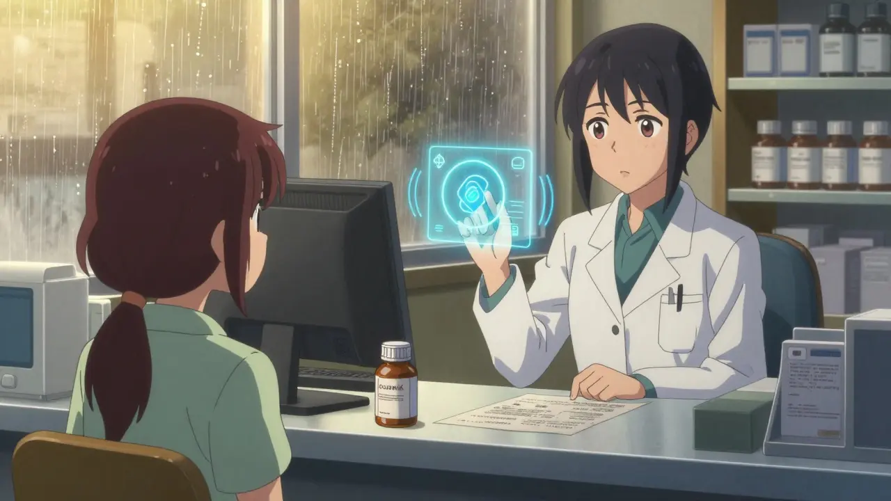 A patient at a pharmacy counter comparing a messy paper label with a clean digital version on a tablet.