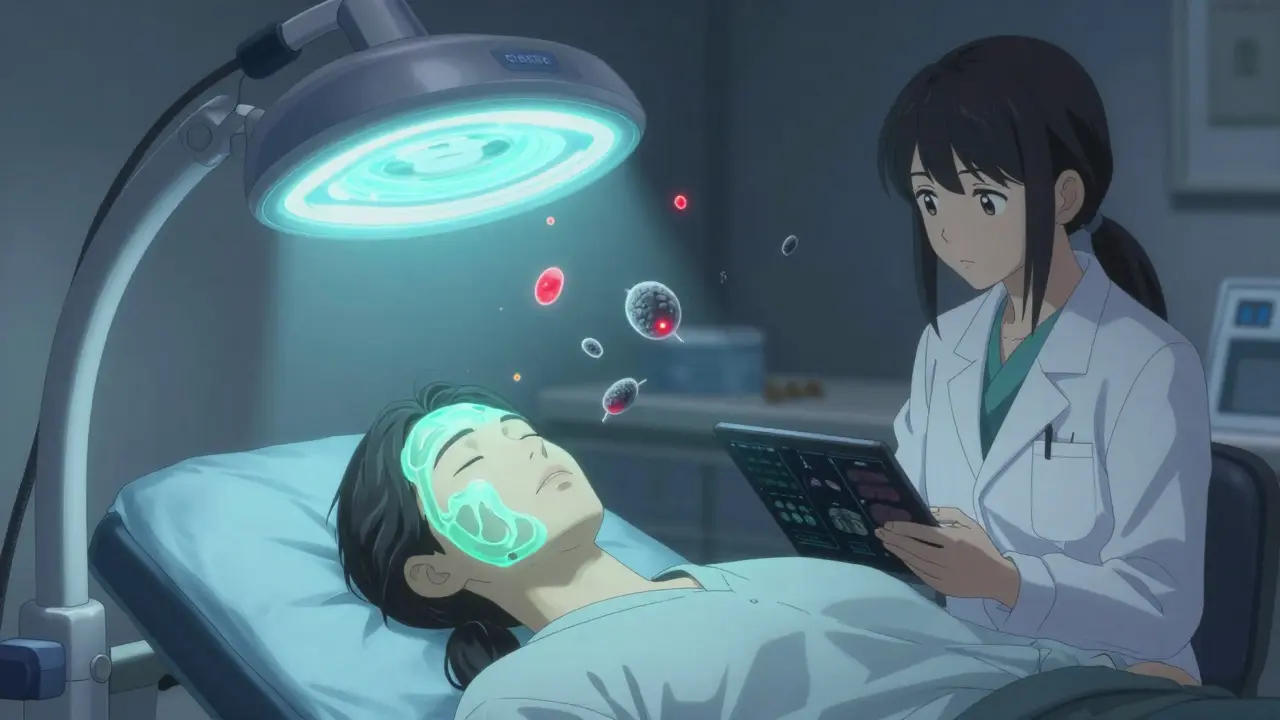 A patient receiving photodynamic therapy, glowing light activating treatment on sun-damaged skin, microscopic cells fading around them.