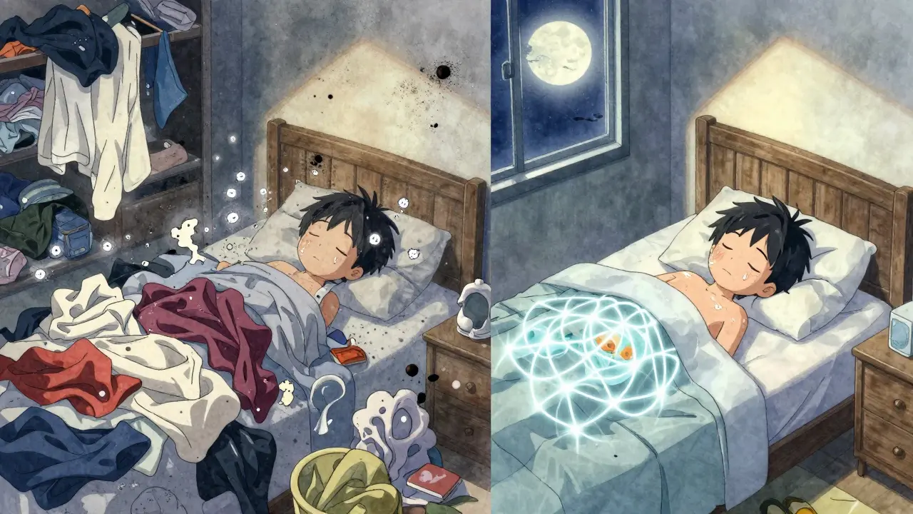 A peaceful child sleeping with healing skin, contrasted with lingering irritants from dirty laundry.