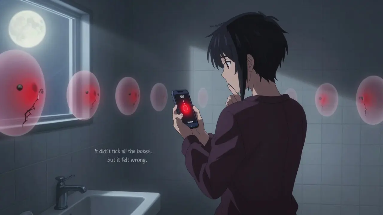 A person staring at their phone showing a skin app warning, while a small mole transforms into a cancerous growth around them.