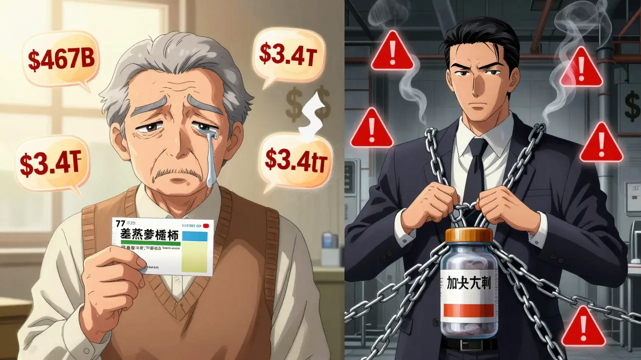 A senior smiling with a cheap generic prescription while a corporate figure tightens a patent chain around a drug bottle.