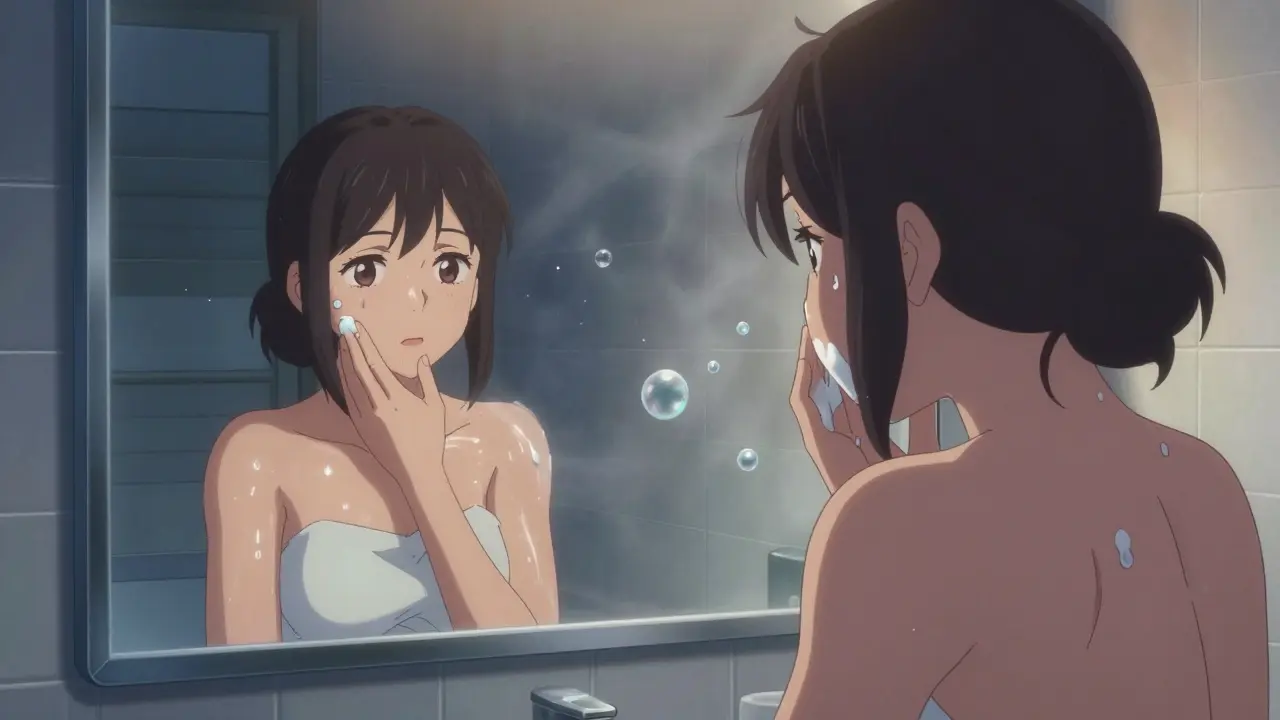 A woman gently applying petroleum jelly to her skin in a steamy bathroom after a bath.