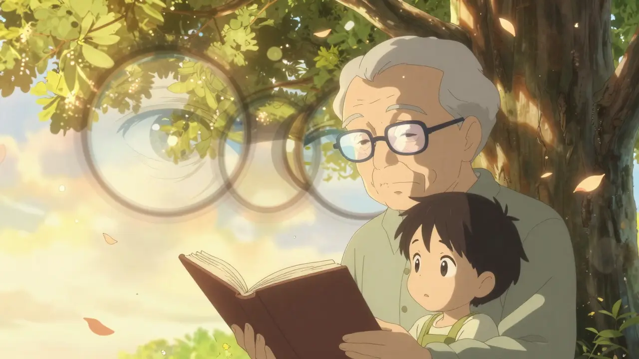 An elderly person reading to a child under a tree, sunlight glinting off their glasses.