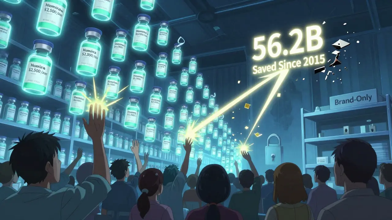 Biosimilar vials glowing in a warehouse, with savings rays forming a chart as patent locks break apart in the background.