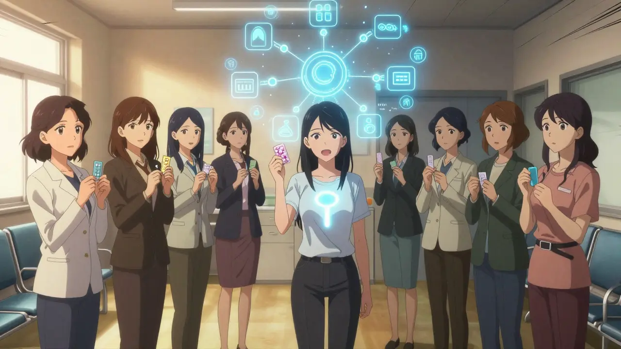 Diverse group of women in clinic, animated drug interaction chart above them, one woman glowing with IUD symbol.