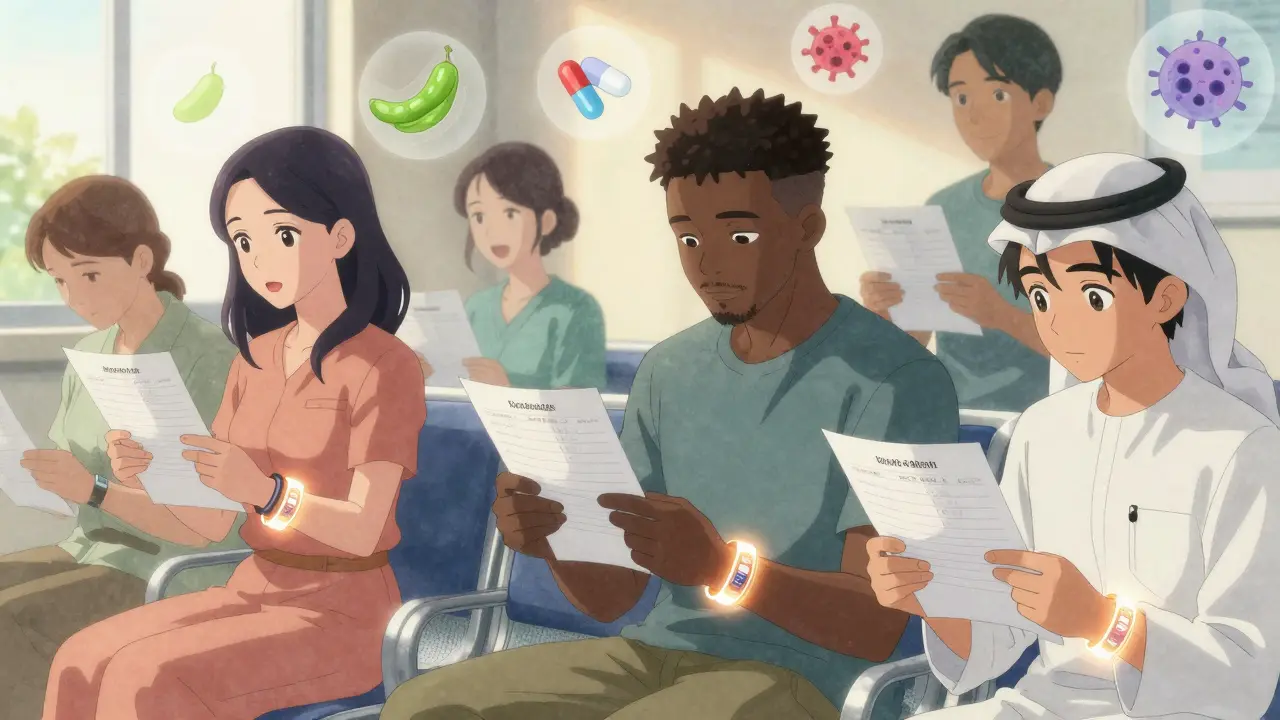 Diverse individuals in a clinic holding lists of unsafe medications, with medical alert bracelets glowing softly.