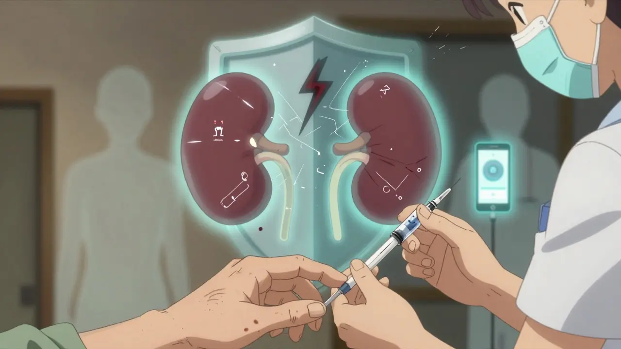 Elderly hand receiving anticoagulant injection, with ghostly strokes breaking against a kidney-shaped shield and safety tools in background.
