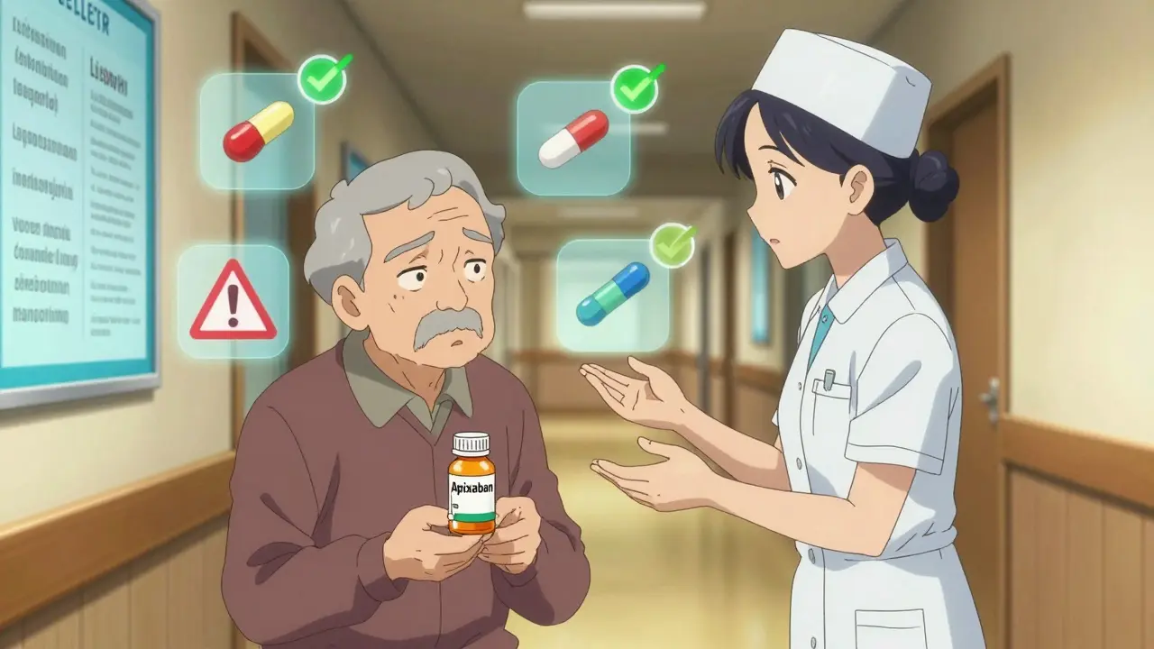 Elderly patient holding a new medication bottle as a nurse explains a therapeutic substitution in a nursing home.