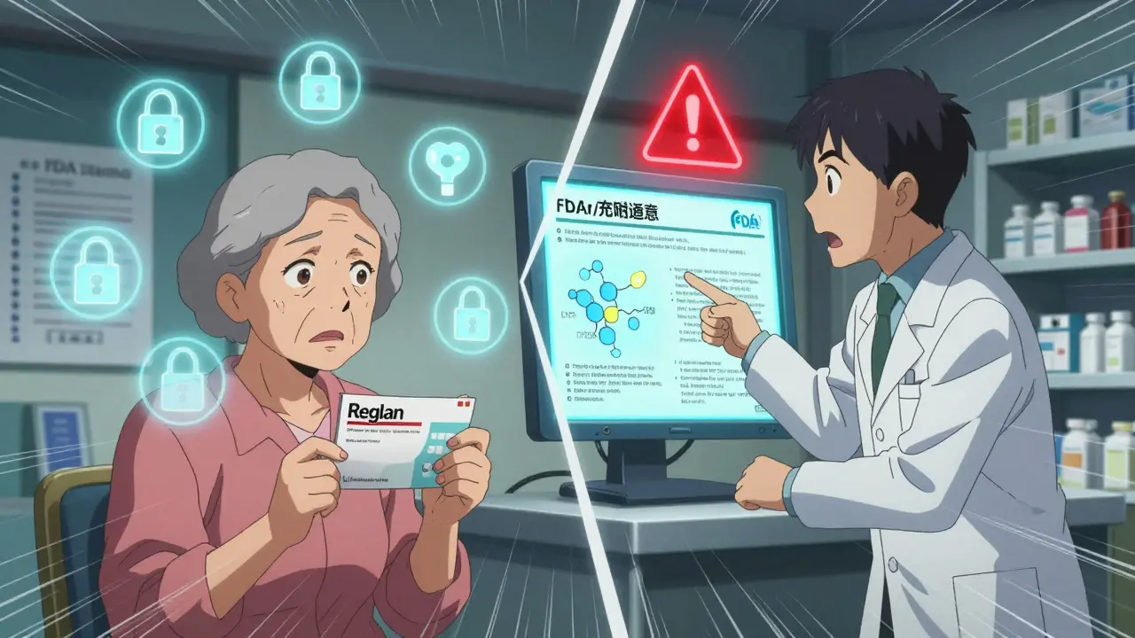 Elderly patient holding metoclopramide prescription, pharmacist pointing at FDA warning screen with glowing red icon.