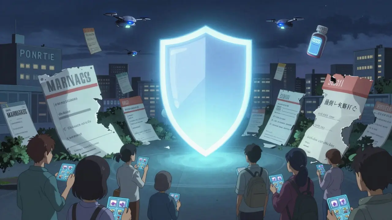 Giant crumbling prescription labels float over a city as one perfect glowing label rises amid patients using pill organizers.