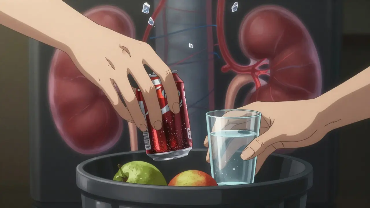 Hand replacing a soda with water and fruit, fading warning lines near kidneys.