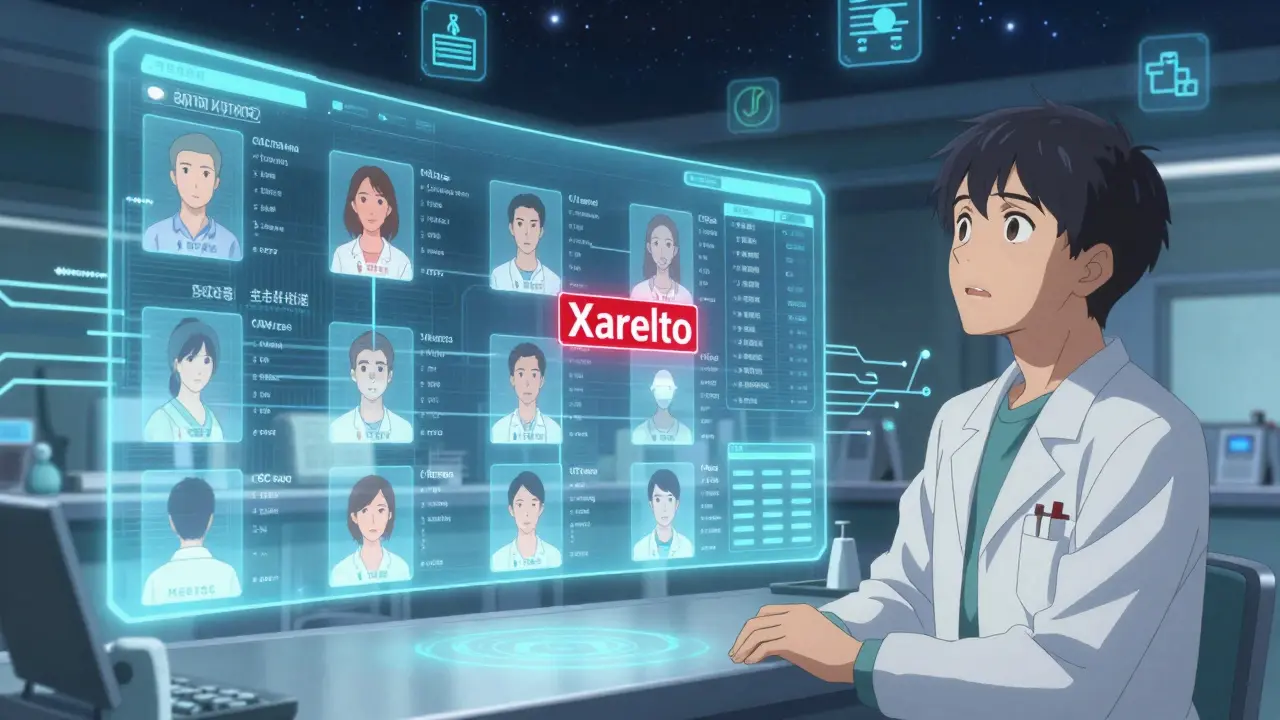 Holographic AI formulary system analyzing patient data and suggesting drug alternatives in a futuristic control room.