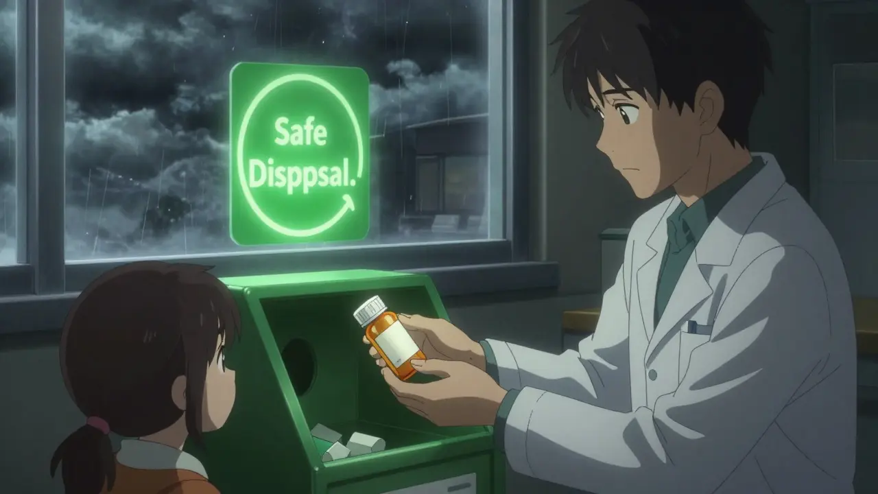 Parent returning unused antibiotic to pharmacy take-back bin with pharmacist.