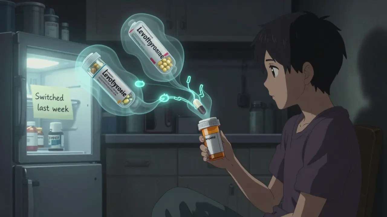 Patient in kitchen seeing ghostly versions of generic thyroid medication with blockchain links.