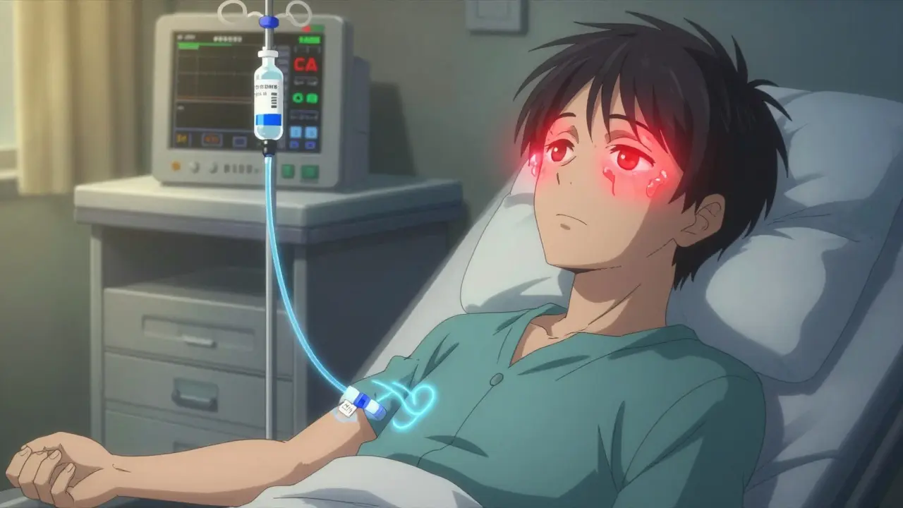 Patient receiving IV steroid infusion, with calming blue energy reducing eye inflammation.