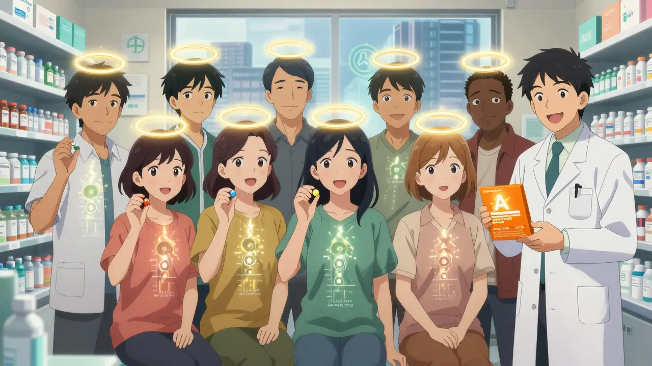 Patients holding different-shaped generic pills, all surrounded by matching golden absorption halos in a pharmacy.