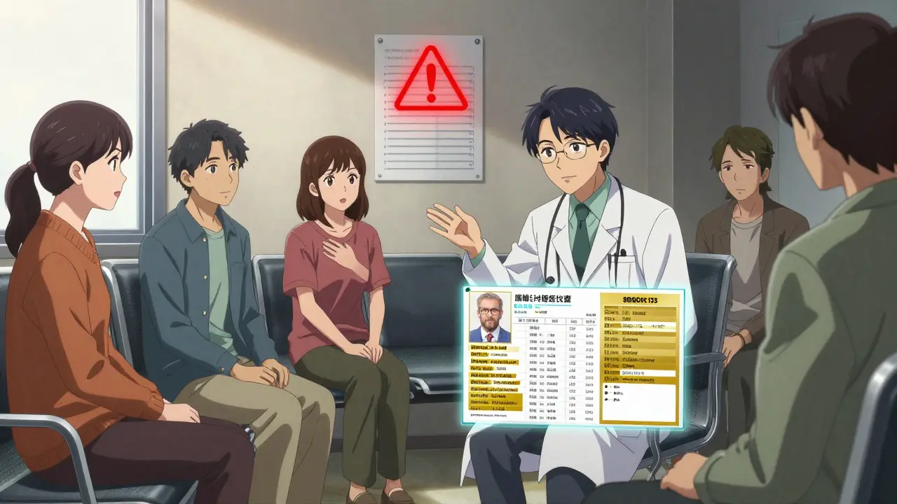 Patients in a clinic react differently to generic prescriptions, with one smiling and another anxious as medical data overlays appear.