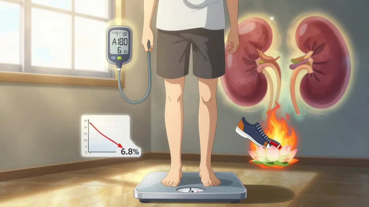 Person standing on scale with health symbols floating around, dawn light, glowing kidney.