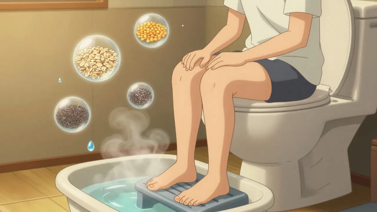 Person using a footstool during bowel movement, with healthy foods and water symbols promoting prevention.