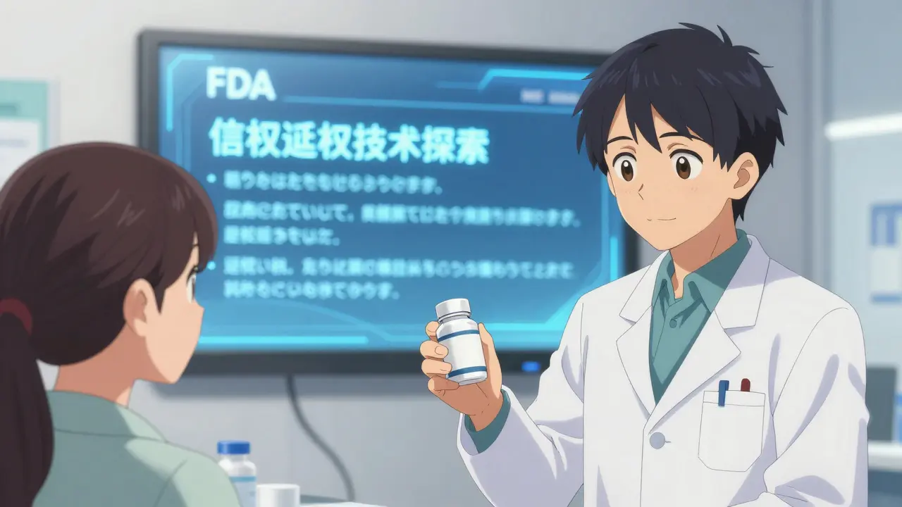 Pharmacist handing a patient an unlabeled pill bottle with FDA definition glowing in the background.