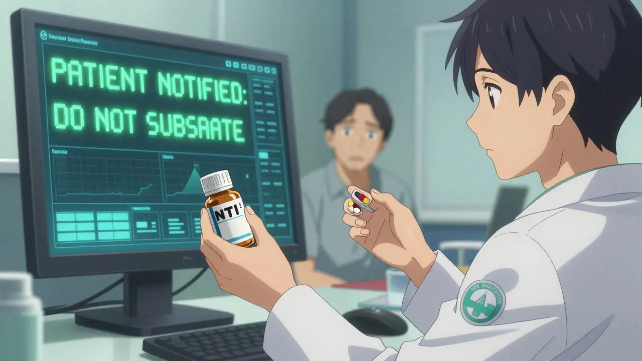 Pharmacist hesitates with generic pill, EHR alert flashes 'Do Not Substitute', patient looks confused.